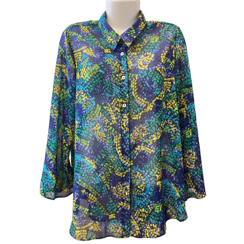 Slinky Brand Women's Multicolor Abstract Print Button-Up Blouse | Size XL - Picture 6 of 9